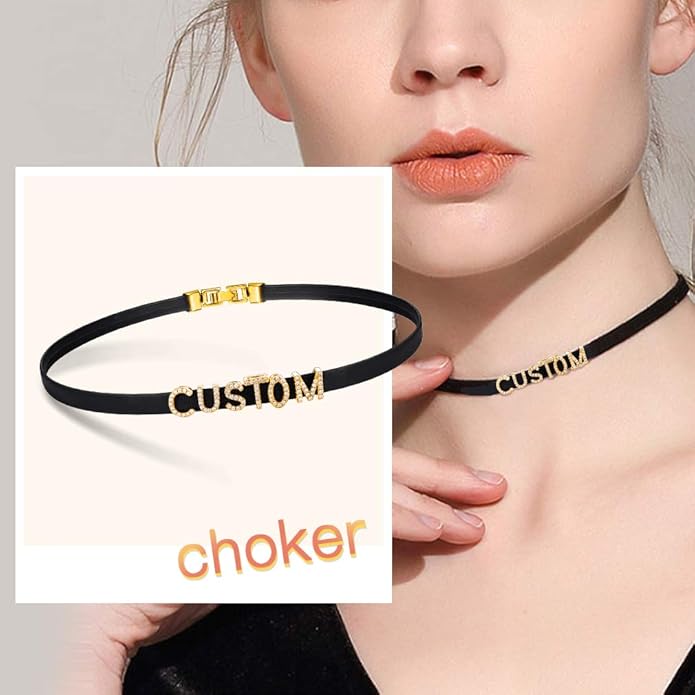 Custom4U Personalized Black Leather Choker Necklace with Picture/Name/Initials/Letters Charm,Custom Made Adjustable Choker Collar Gothic Punk Necklaces Jewelry Gifts for Women