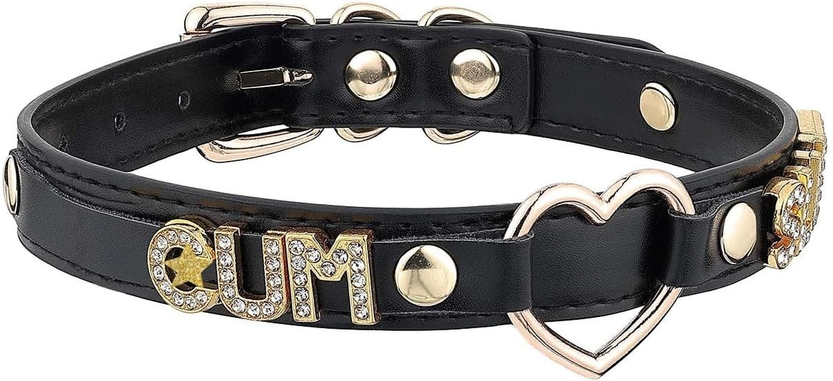 Handmade Gold Heart O-Ring Letter Choker Necklace for Women, Adjustable PU Leather Black/Pink Choker Collar For Women, Goth Choker Collars Necklace