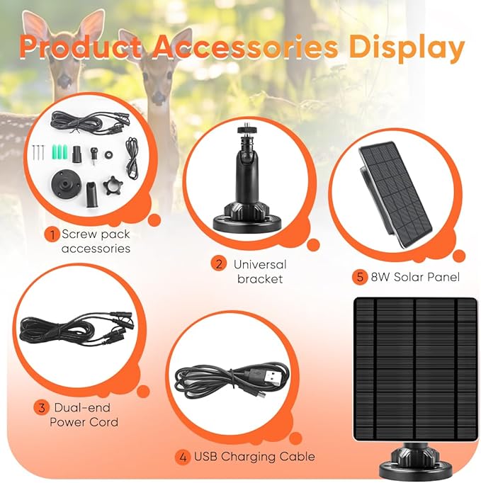 Solar Panel for Trail Camera,6W Solar Kit Build-in 5000mAh Rechargeable Battery, Hunting Accessories for IP66 Waterproof, 5W Solar Power for Trail Camera