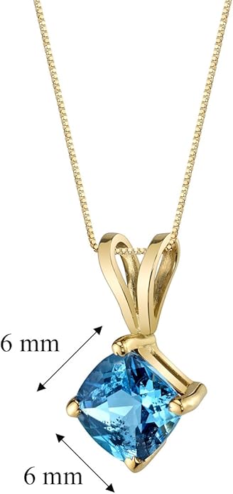 PEORA 14K Yellow Gold Swiss Blue Topaz Pendant, Genuine Gemstone Classic Solitaire, Cushion Cut, 6mm, 1 Carat total, Blue Gemstone Necklace, December Birthstone Gold Necklace, w/Jewelry Box