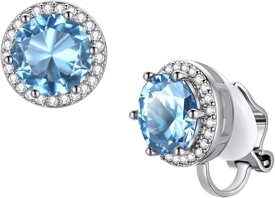 FindChic Sparkling Birthstone Clip On Earrings for Women, Silver Plated Stud Earrings 8MM Cubic Zirconia Non Pierced Studs, 12 Months Birthday Jewelry Gift