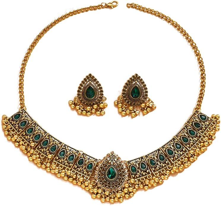 Indian Wedding Bridal Traditional Bohemian Jewellery Set for Women Girls Antique Oxidized Ethnic Party Prom Wear Statement Necklace Earring Tassel Bollywood Choker Punk Crystal Fashion Gift for Bride