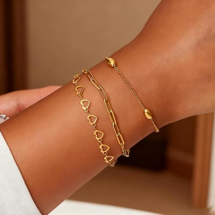 18K Gold Plated Bracelet Sets for Women Waterproof - Trendy Thin Dainty Stackable Cuban Link Paperclip Snake Twisted Chain Fashion Jewelry Accessories Gifts for Women