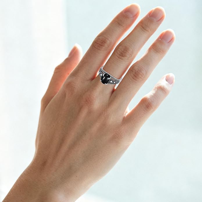 925 Sterling Silver Oxidized Black Onyx Rings for Women - Round & Heart 9mm Onyx Vintage Retro Design, Ideal for Daily Wear