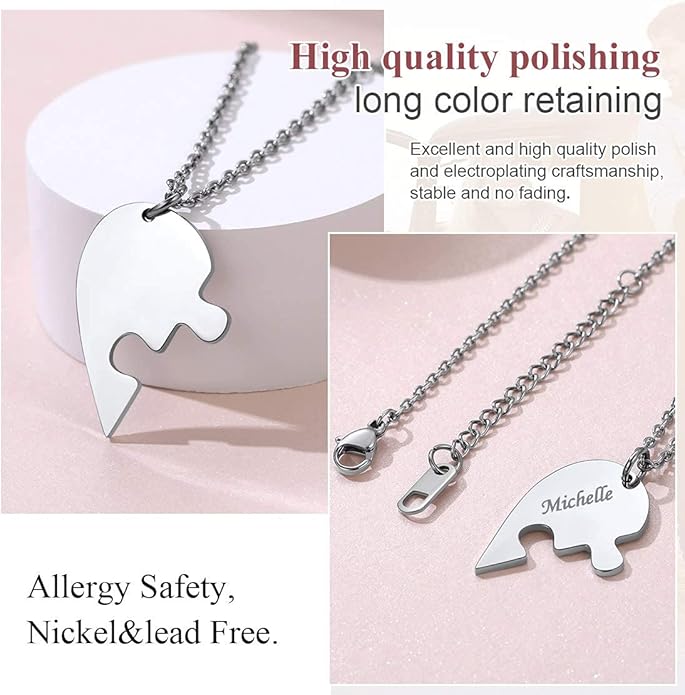 FindChic Personalized Matching BFF Necklace for 2/3/4/5/6 Puzzle Name Heart Pendant Stainless Steel Couple Necklace Set Customized Necklaces for Teen Girls