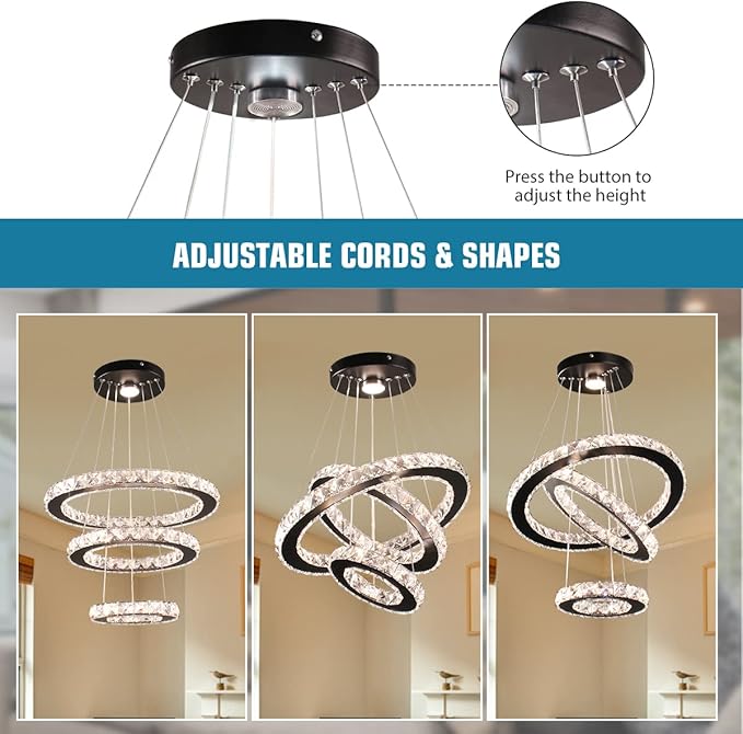 Dimmable Black Modern LED Crystal Chandeliers 3 Rings Pendant Light Adjustable Height Ceiling Lamp for Dinning Room Bedroom Living Room (Dimmable)