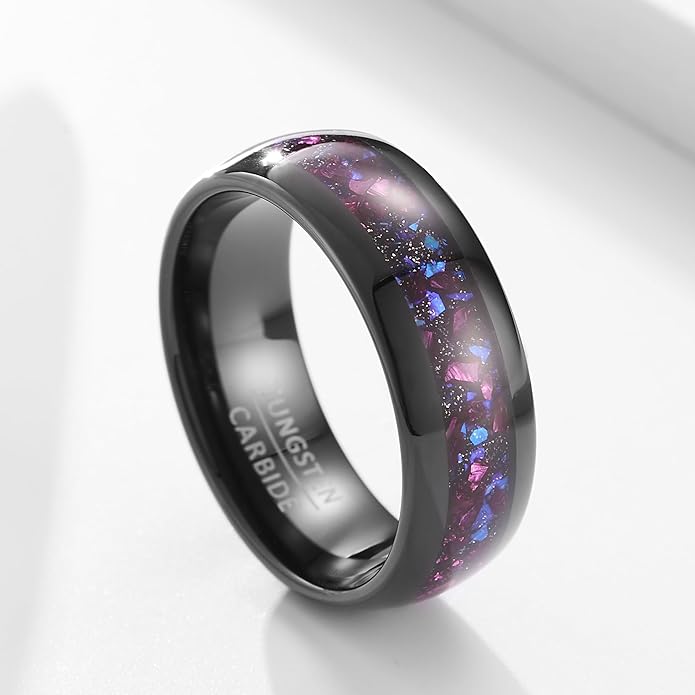 Women‘s Solid Opal-Effect Band Ring, Multicolor Inlay on Black Tungsten, 8mm Wide Substantial Ring
