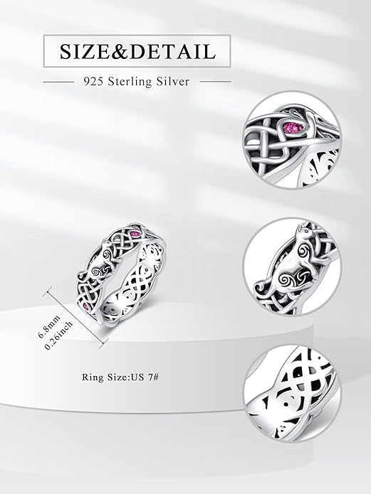 Seiyang Celtic Cat Ring 925 Sterling Silver Irish Trinity Knot Celtic Cat Wedding Promise Ring with 12 Months Birthstone Irish Lucky Jewelry Gifts for Women Mom Her