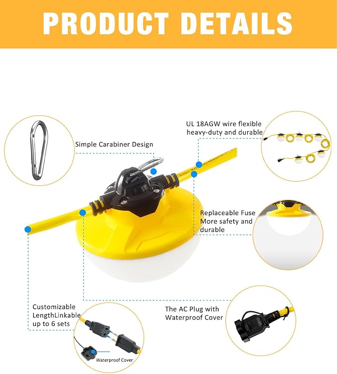 50FT Construction String Light 65W 8000Lm, 5000K Industrial Grade LED String Work Lights, IP65 Waterproof Temporary Lighting for Construction Sites, Renovation, Mine Cave, Job Site, Walkways