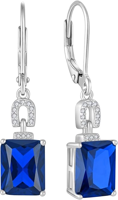 Emerald Cut Earrings 925 Sterling Silver Baguette Birthstone Dangle Drop Leverback Earrings Jewelry Gifts for Women