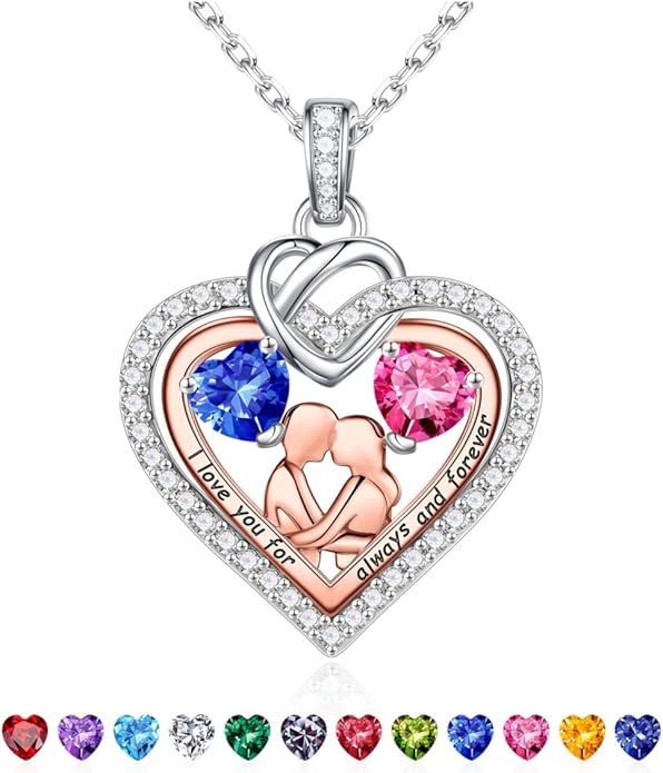Iefil Valentines Day Gifts for Her - 925 Sterling Silver Double Heart Birthstone Necklace for Women, Anniversary Birthday Gifts for Wife I Love You Gift Couple Sitting Hugging Each Other Jewelry Gift
