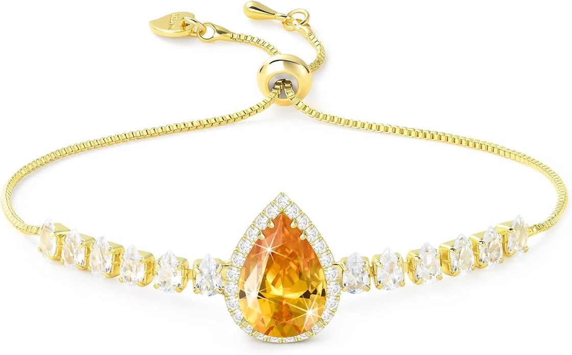 Linawe Crystal Imitation Diamond Rhinestone Charm Bracelets for Women, Gold/Silver/Rose Gold Adjustable Chain Bracelet, Teardrop Birthstone Cubic Zirconia Prom Costume Wedding Jewelry
