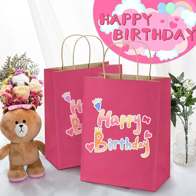 BagDream 25Pcs Hot Pink Gift Bags 8x4.25x10.5 Kraft Paper Gift Bags with Handles for Shopping, Small Business, Retail Merchandise Grocery, Birthday Party Favor, Medium Pink Paper Sacks