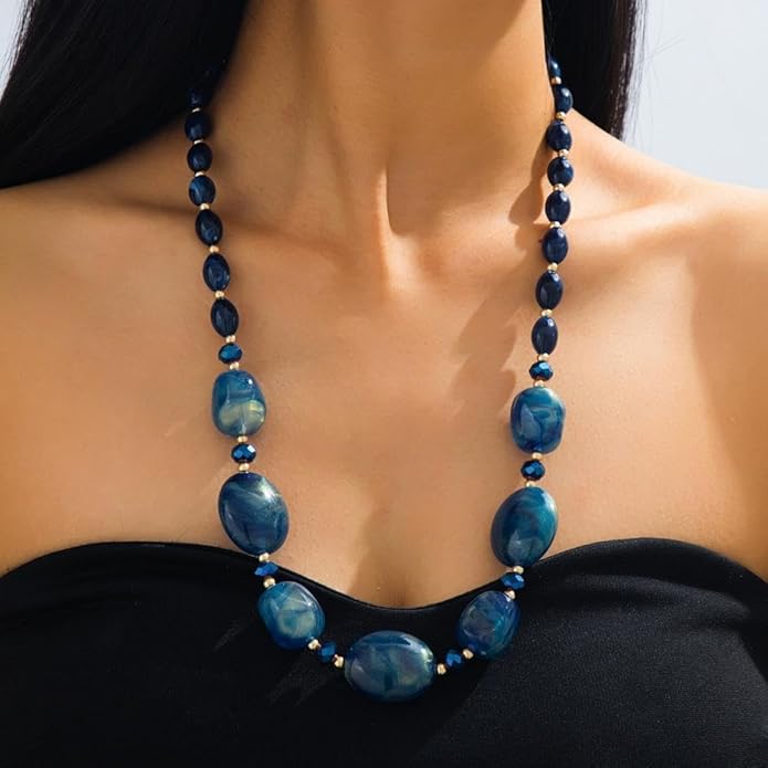 Chunky Beaded Necklace For Women, Multi Color Boho Irregular Oval Bead Long Necklaces Vintage Unique Statement Jewelry Gifts