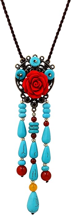 MINACHI Vintage Bohemian Colorful Ceramic Bead Antique Flower Y Necklace, Vintage Boho Hippie Statement Jewelry Gift for Women