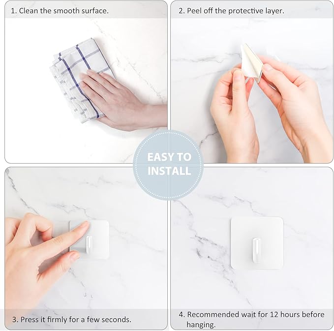 VIS'V Adhesive Hooks, Metal Shower Wall Stick on Hooks, Waterproof, 2 Extra Adhesive Strips, White, 4 Pcs