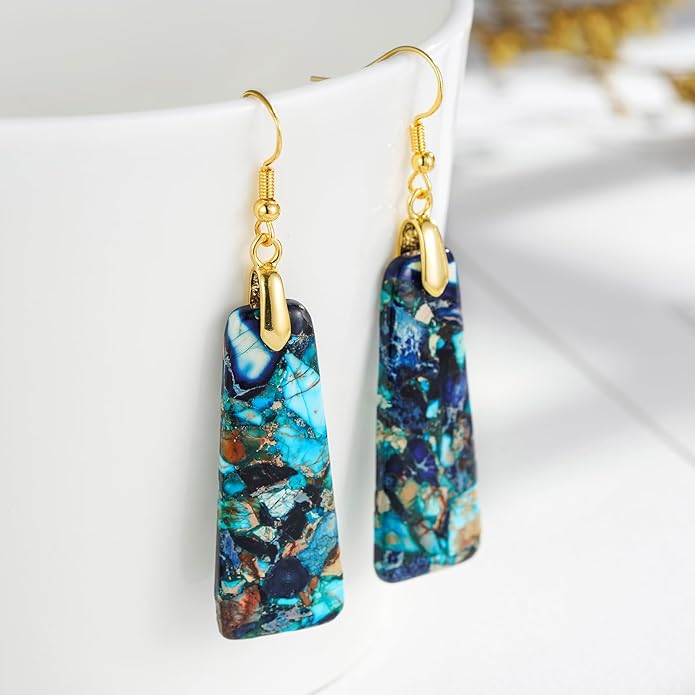 Boho Women Natural Stone Earrings Unique Healing Imperial Jasper Gemstone Energy Hypoallergenic Lightweight Dangle Drop Earrings Multiple Styles Earrings Jewelry for Birthday Party Gift