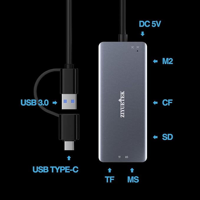 USB C USB3.0 SD Card Reader, 5in1 Multi Card Reader for SD/TF/CF/Micro SD/MS/M2, Drive Free for iPhone 15 pro max/Windows/Mac/Linux/Android (USB3.0 and Type-C)