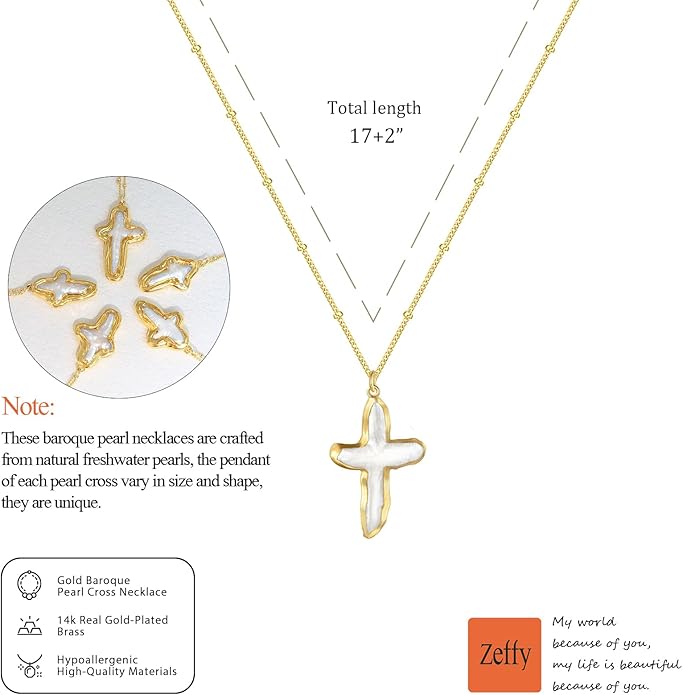 Zeffy 14K Gold/Silver Plated Chunky Thick Chain Toggle Clasp Necklace Dainty Baroque Pearl/Heart/Cross/Turquoise Pendant Necklace