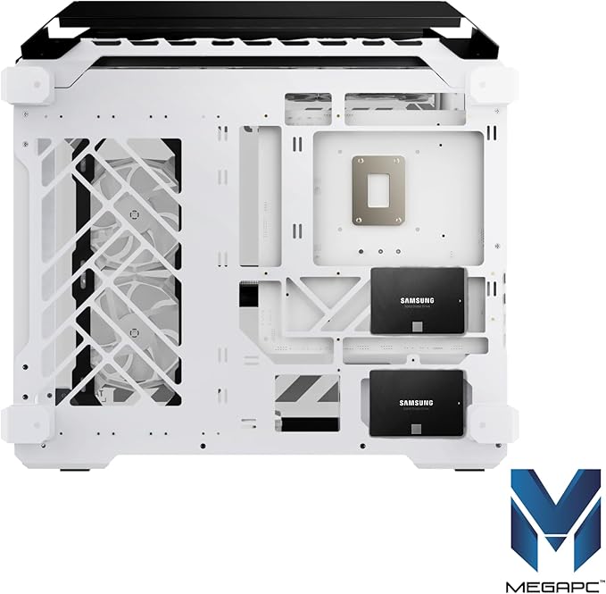 MegaPC Mino Open-Frame ATX Gaming Case – Industrial Design, Tempered Glass Panels, High Airflow, ARGB Lighting, USB-C Port (Black/White/Print Stream, with Fans Only)