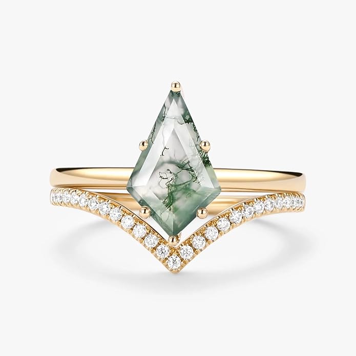 Natural Moss Agate Bridal Ring Set for Women 1CT Kite-cut Moss Agate Engagement Ring Set 925 Sterling Silver 10K 14K 18K Gold Classic Wedding Ring Set