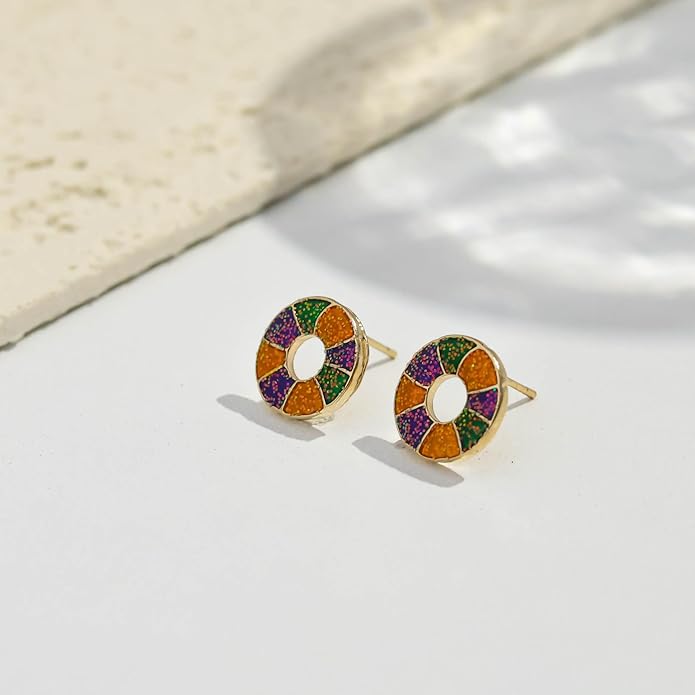 MardiGras Stud Earrings for Women Glitter Delicate Compact Flower Mask Hat Lips Stud Earring Charm Green Purple Gold Carnival Earring Cute MardiGras Jewelry Accessories for Women