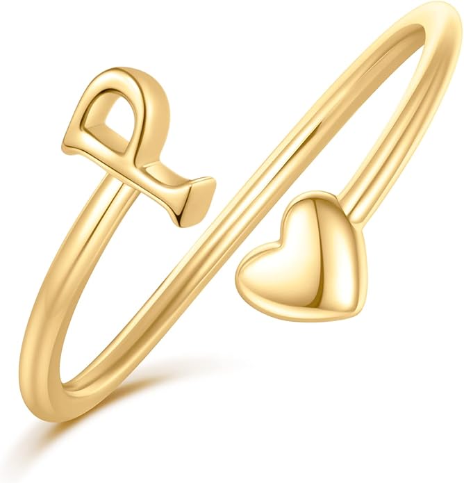 Initial Rings for Women Girls - Valentines Day Gifts for Her, Adjustable Rings for Women Non Tarnish Letter A-Z Dainty Heart Ring Teen Girls Gifts Trendy Stuff Personalized Jewelry Gift