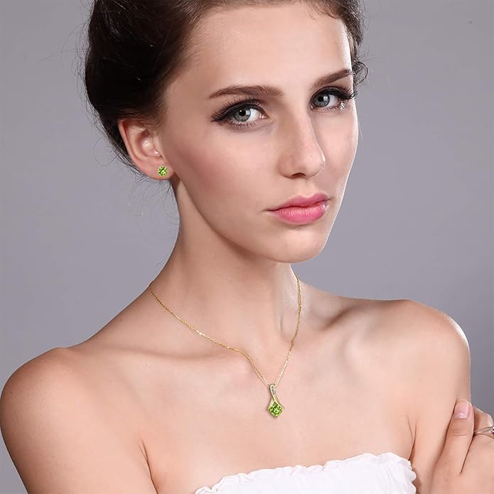 Gem Stone King 18K Yellow Gold Plated Silver Green Peridot and White Diamond Pendant and Earrings Jewelry Set For Women (2.60 Cttw with 18 Inch Chain)