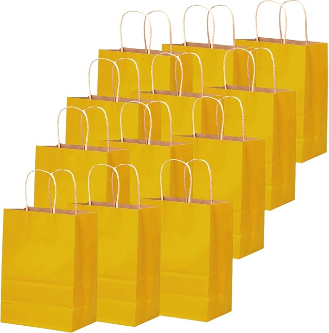 qiqee Large Kraft Paper Bags with Handles 13"x10"x5" 32 pcs Gift Paper Bag Bright Yellow Solid Color Bags（Large Size）