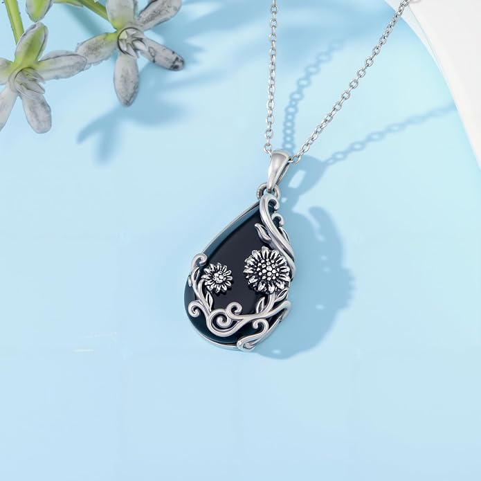 Black Onyx Necklace 925 Sterling Silver Flower Insect Pendant Teardrop Onyx Jewelry Valentines Day Birthday Gifts for Women
