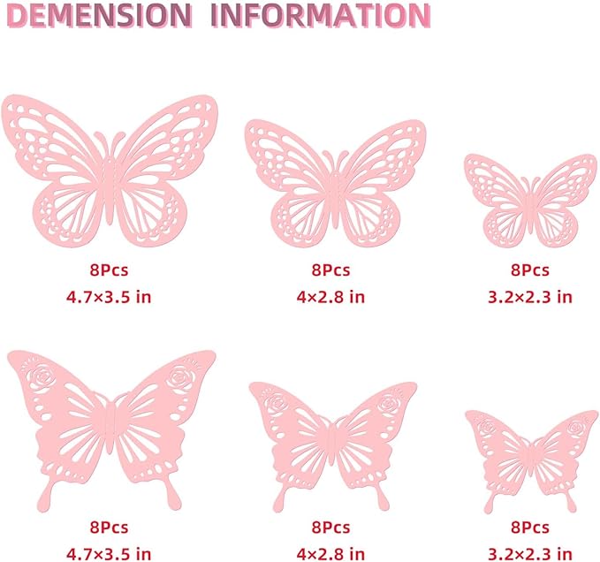 Pink Butterfly Decorations, 48Pcs 2 Styles 3 Sizes Butterflies for Cake Cupcake Toppers, 3D Paper Sticker for Bouquets Birthday Baby Shower Kids Girl Room Wall Nursery Grad Graduation Caps Decor