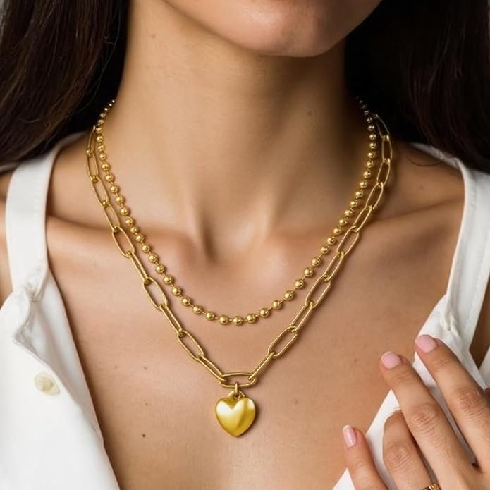 Heart Necklace for Women, 18K Gold Plated Heart Pendant Layered Necklaces Jewelry Gifts Gold Silver