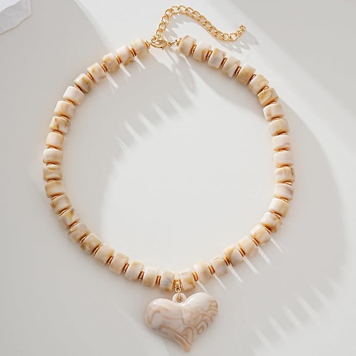Large Acrylic Heart Necklaces for Women Chunky Puffy Heart Pendant Necklace Exaggerated Statement Love Beaded Choker Necklace Jewelry