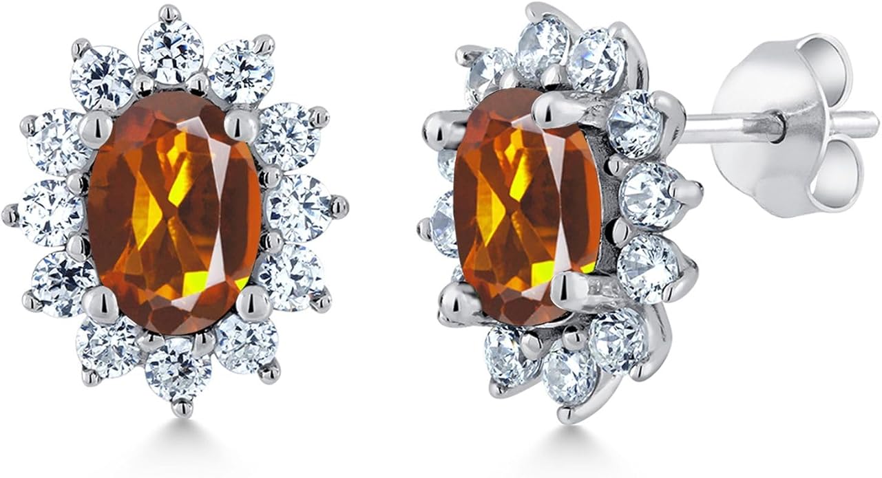 Gem Stone King 7X5MM Oval Gemstone Birthstone Stud Earrings For Women | Princess Diana Royal Halo Style | 925 Sterling Silver | Fine Jewelry Gifts for Anniversary Wedding Her Mom Women Wife