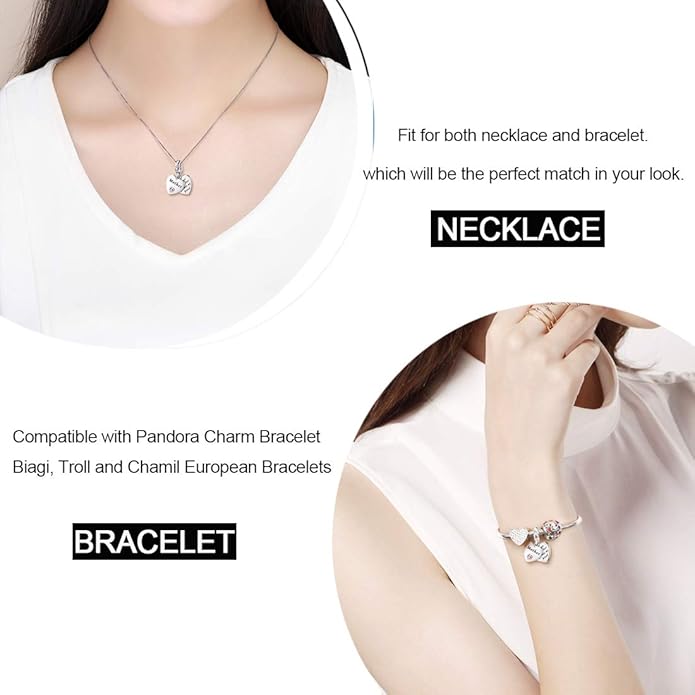 JIAYIQI Mother Sister Daughter Wife Charms Fit Charms Bracelet Necklace with Double Heart Love Charms 925 Sterling Silver Beads for Women Jewelry