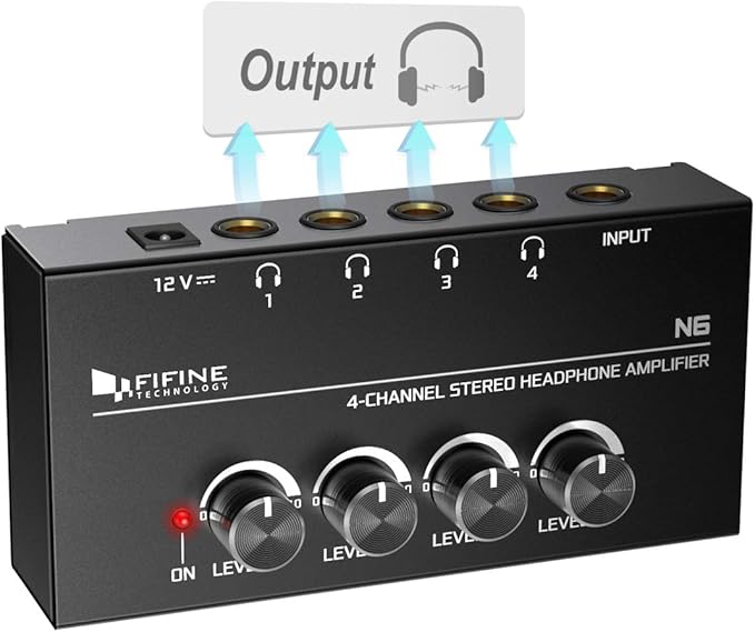 Fifine Headphone Amplifier 4 Channels Metal Stereo Audio Amplifier,Mini Earphone Splitter with Power Adapter-4x Quarter Inch Balanced TRS Headphones Output and TRS Audio Input for Sound Mixer-N6