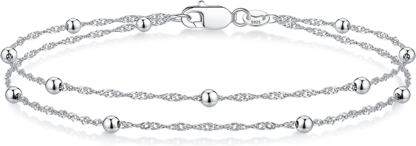 IEFWELL S925 Sterling Silver Bracelet for Women - 1.5mm Singapore Chain Bracelet, Dainty Double Strand Satellite Bead Bracelets, 6.5/7/7.5/8/8.5/9 Inches Jewelry Gifts for Women Her