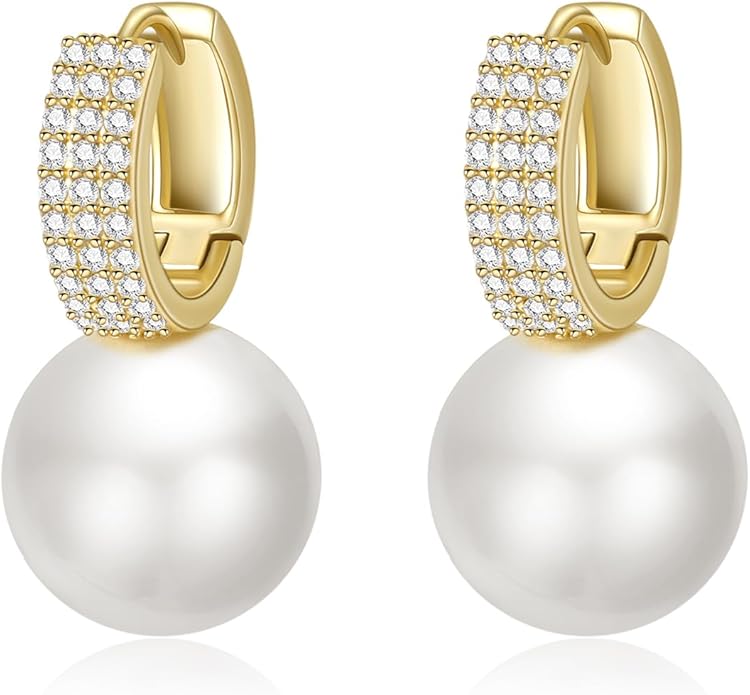 Pearl Earrings for Women 14K Gold Plated Hypoallergenic Pearl Earrings 5A Cubic Zirconia Dangle Earrings Elegant Jewelry