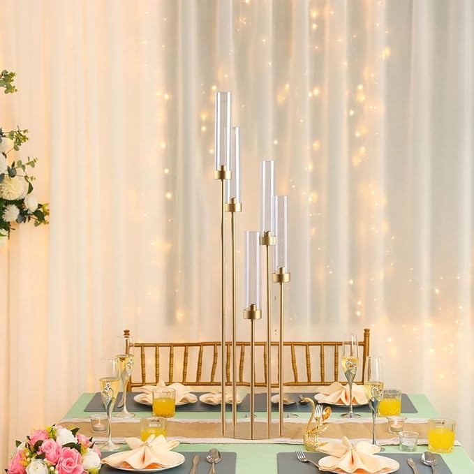 20PCS Gold Floor Candelabra,5 Arm Candle Holder Tall Floor Candle Holder with Acrylic Lampshade for Wedding Table Birthday Party Home Decoration Fit LED Taper Candles