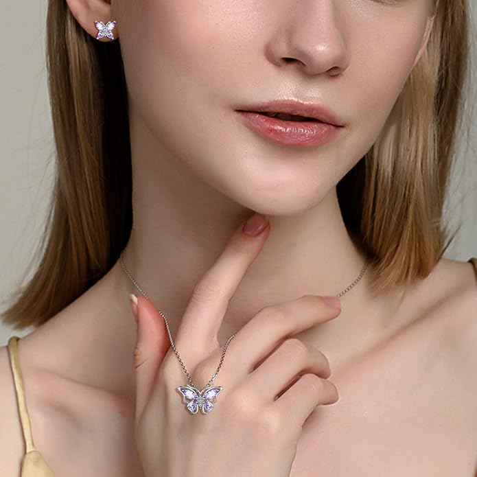 925 Sterling Silver Birthstone Butterfly Jewelry Women Crystal Animal Cute Butterflies Birthday Necklace/Earring/Ring/Bracelet Sets Birth Stone Statement Anniversary Jewellery