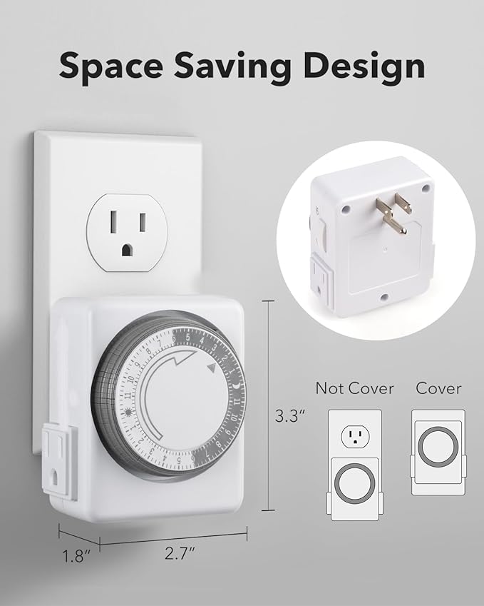 HBN Outlet Timer for Electrical Outlets Indoor, 24 Hour Mechanical Light Timers for Lamps, Dual 3-Prong Plug-in Outlets, 15-Minute Intervals, Heavy Duty Daily Cycle, 1 Pack