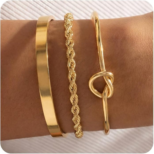 Gold Bangle Bracelets for Women, Non Tarnish Dainty 14K Gold Plated Cuff Bracelets Stackable for Women,Waterproof Bracelet Stack Gold Jewelry Gifts Trendy Adjustable Accessories