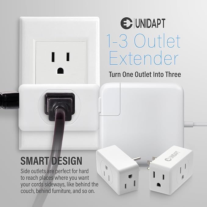 Unidapt Multi Plug Outlet Extender 2 Pack - 3 Way Wall Outlet Splitter, Cruise Ship Essentials Power Plug Adapter, Compact Travel Wall Tap Expander, Flat Angled Design, Home, Office, Dorm - White