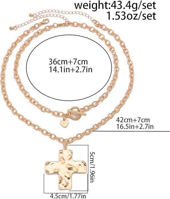 Atiptu Gold Chunky Cross Necklace for Women Statement Cross Pendant Necklace Layered Hammered Bold Cross Necklace Vintage Toggle Clasp Necklace Jewelry