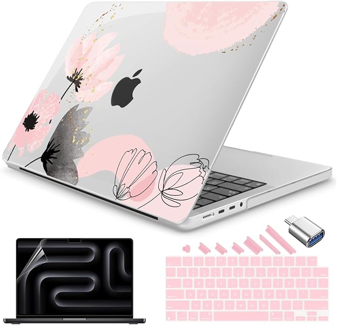 Teryeefi for MacBook Pro 14 inch Case M4 M3 M2 M1 (2025 2024 2022 2021 Release) Model A3112 A3185 A3401 A2918 A2992 A2779 A2442, PC Hard Shell+ Keyboard Cover +Type C Adapter, Abstract Pink Flowers098