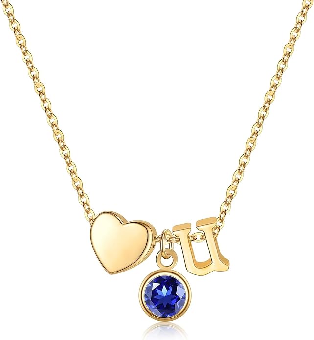 Ursilver Initial Birthstone Necklace for Women - Heart Initial Birthstone Pendant Necklace Personalized Gifts Birthday Gifts for Women