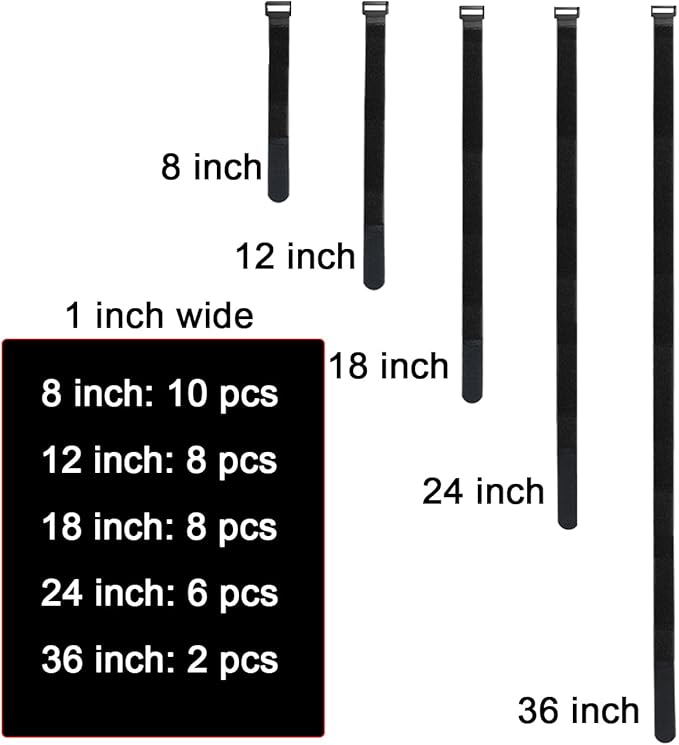 32 pcs 1-inch-wide Hook and Loop Cable Straps, 8"-12"-18"-24"-36" Adjustable Fastening Straps, Fixing and Organizing Cable Ties Set, Multi-Purpose Nylon Cinch Strap, Heavy-Duty Storage Straps