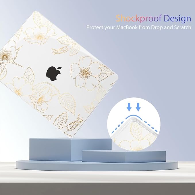 Teryeefi for MacBook Air 13.6 inch Case M4 M3 M2 2022 2023 2024 2025 Model A2681 A3113 A3240 Plastic Hard Shell Cover with Screen Protector & Keyboard Cover & USB 3.0 Adapter, Gold Flower Leaf
