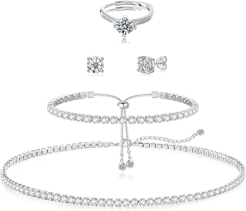 Tennis Necklace Bracelet for Women, Dainty Sterling Sliver Choker Necklace Crystal Link Bracelet Stud Earrings for Women Wedding Jewelry for Bride Jewelry Set Accessories