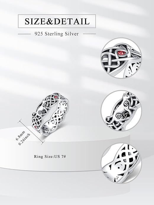 Seiyang Celtic Cat Ring 925 Sterling Silver Irish Trinity Knot Celtic Cat Wedding Promise Ring with 12 Months Birthstone Irish Lucky Jewelry Gifts for Women Mom Her